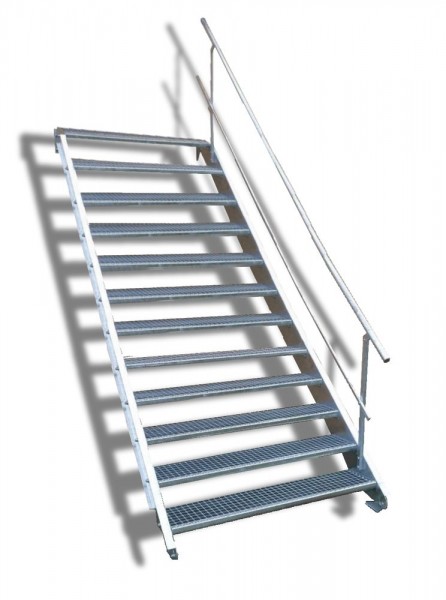 12-stufige Stahltreppe mit einseitigem Geländer / Breite: 110 cm / Wangentreppe mit 12 Stufen