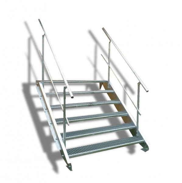 6-stufige Stahltreppe mit beidseitigem Geländer / Breite: 150 cm / Wangentreppe mit 6 Stufen