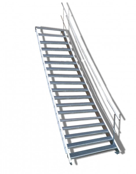 18-stufige Stahltreppe mit einseitigem Geländer / Breite: 160 cm / Wangentreppe mit 18 Stufen
