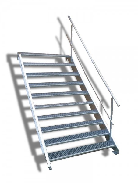 10-stufige Stahltreppe mit einseitigem Geländer / Breite: 130 cm / Wangentreppe mit 10 Stufen