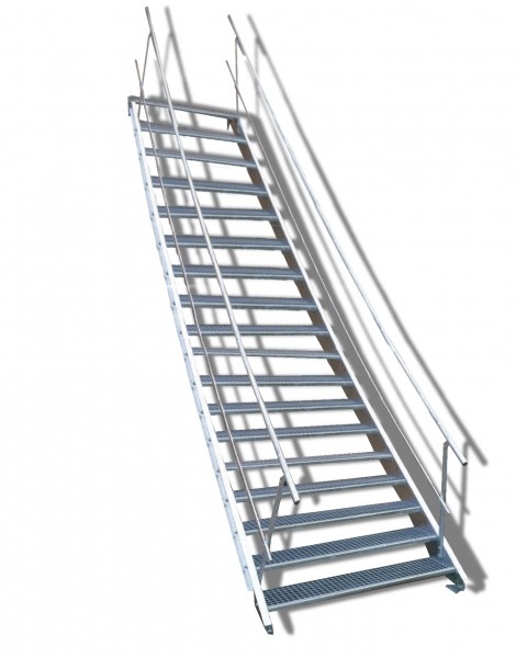 18-stufige Stahltreppe mit beidseitigem Geländer / Breite: 80 cm / Wangentreppe mit 18 Stufen